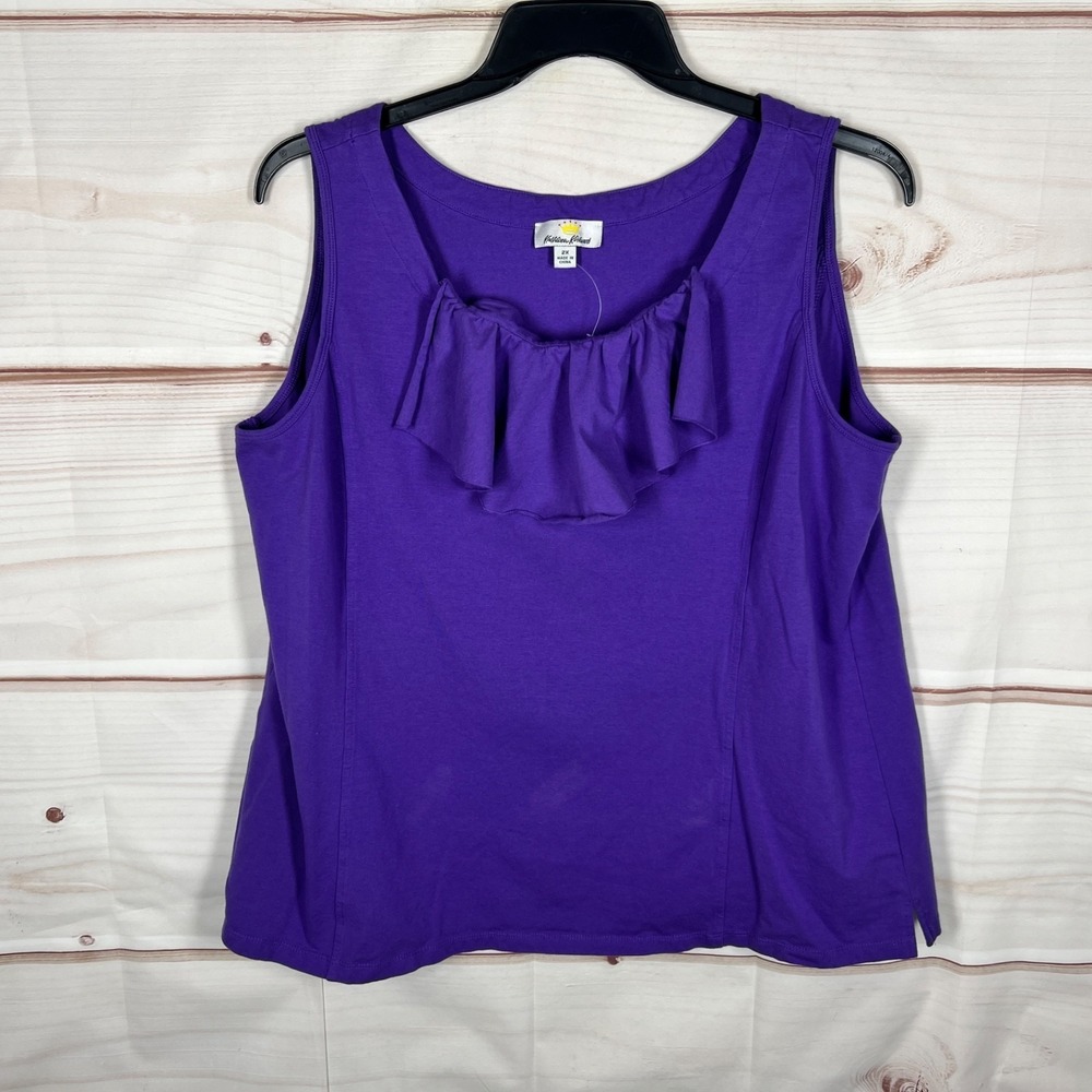 Kathleen Kirkwood Top‎ Womens 2X Purple Cotton Tank Ruffle Neck Sleeveless Solid
